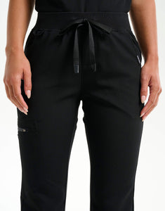 waist of black flare scrub pants