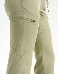 close up of thigh pocket of matcha flare scrub pants