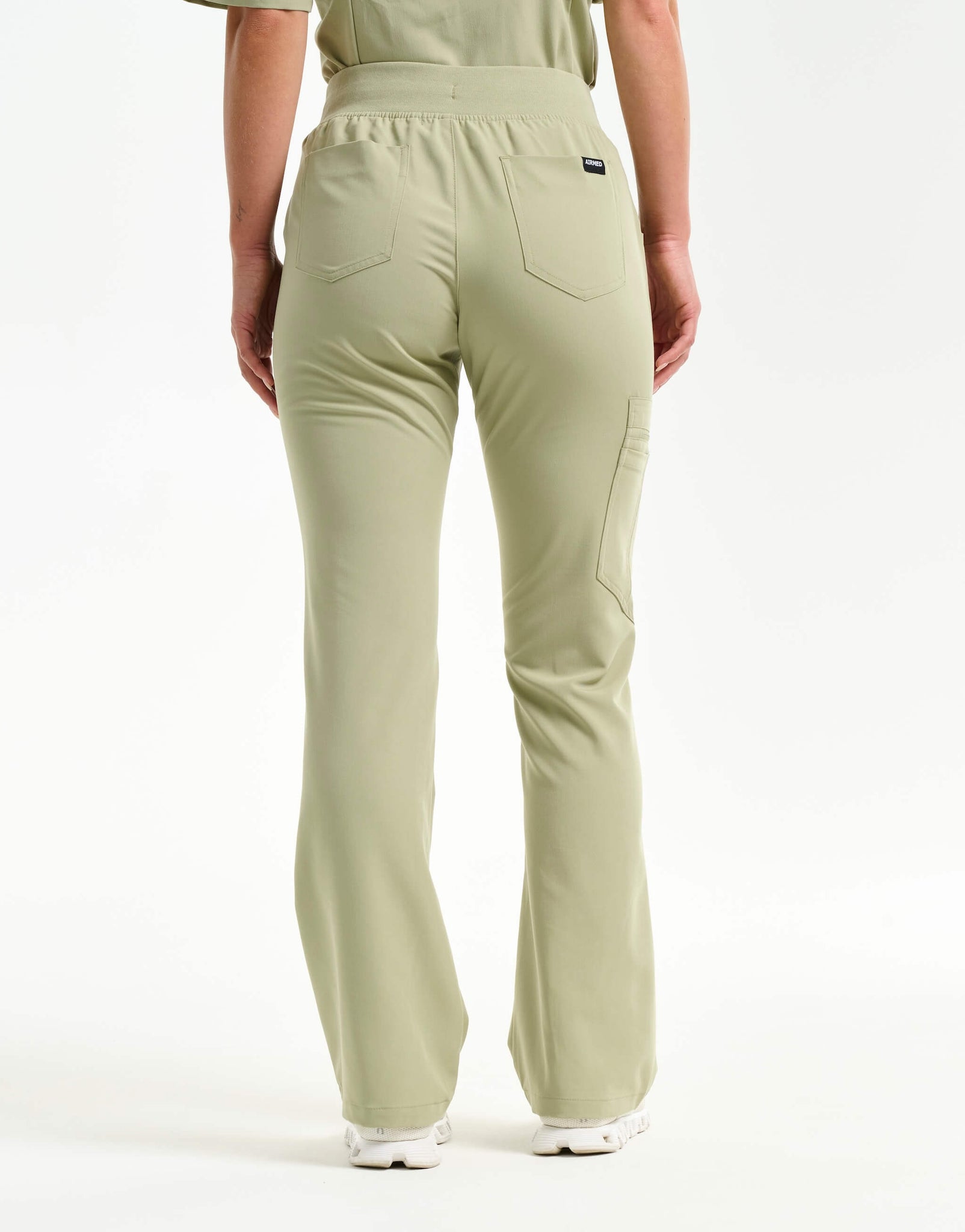 back of matcha flare scrub pants