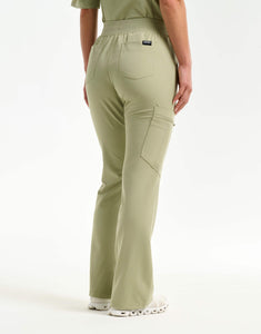 left with thigh pocket of matcha flare scrub pants