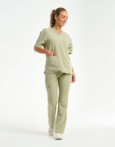 full body of matcha flare scrub pants