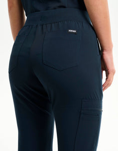 rear of midnight navy flare scrub pants