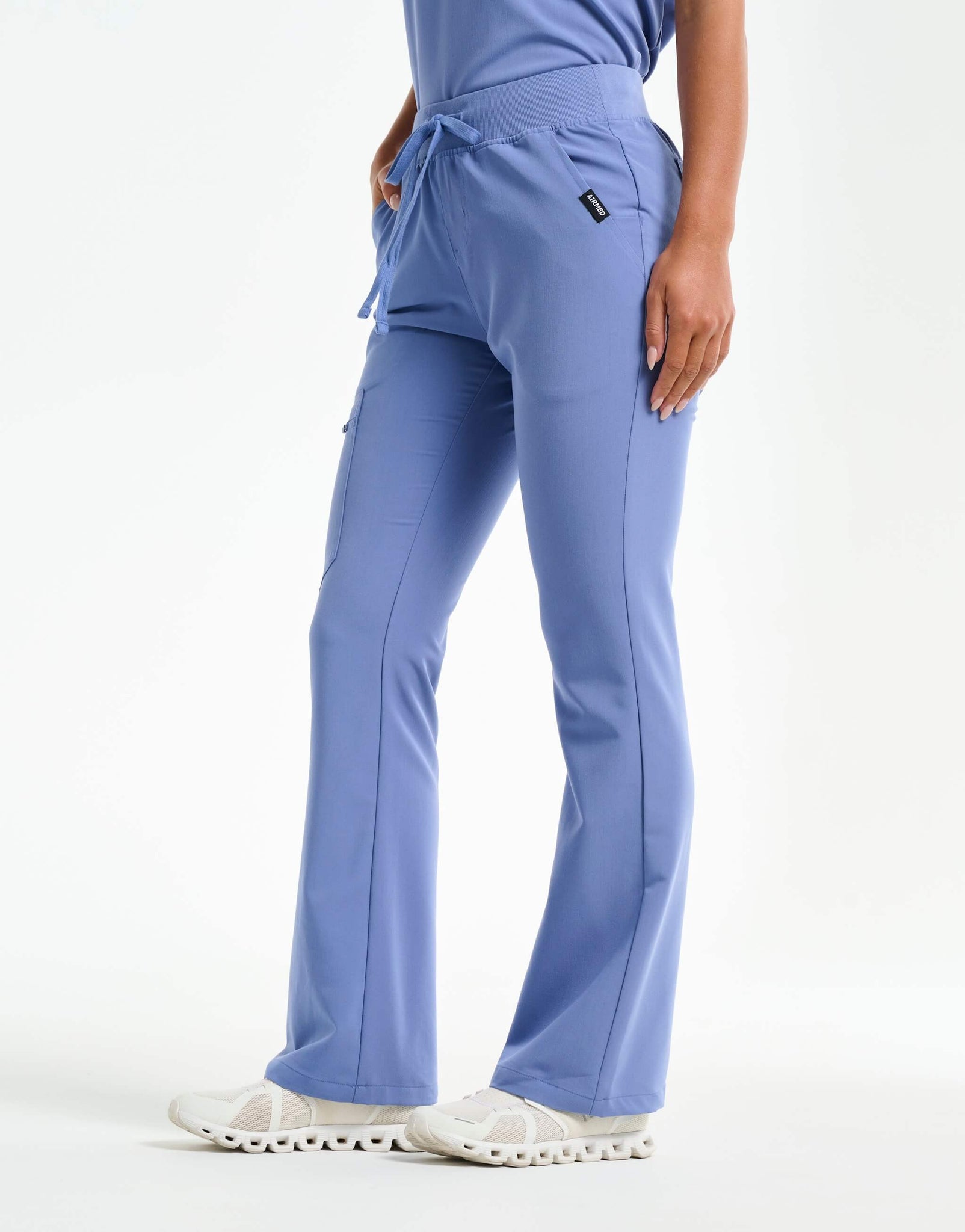 front of nova blue flare scrub pants