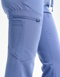 close up of thigh pocket of nova blue flare scrub pants