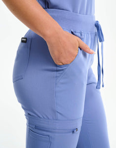 close up of id loop of nova blue flare scrub pants