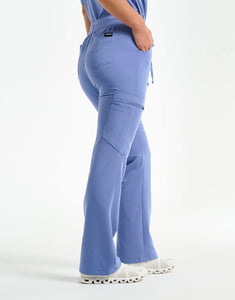 left with thigh pocket of nova blue flare scrub pants