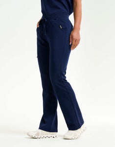 right with hip pocket of true navy flare scrub pants