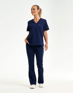 full body of true navy flare scrub pants