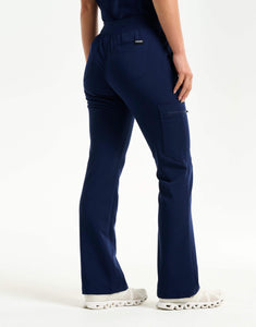 left with thigh pocket of true navy flare scrub pants
